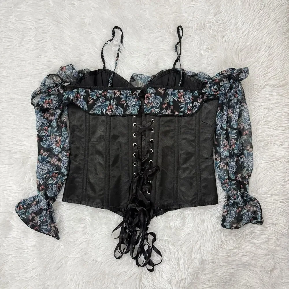 Corset Story Elegant Overbust Corset Top Floral Chiffon Sleeves US 16 NEW 36'' - Picture 3 of 15
